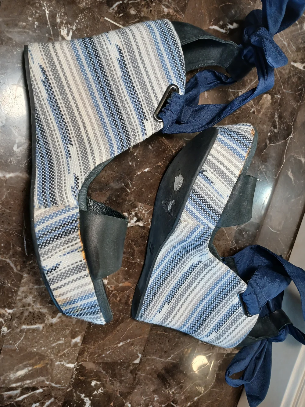 UGG Blue and White Striped Wedge Sandals with Navy Ankle Tie